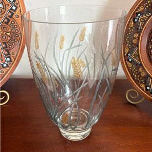 Hand-Painted and Etched Wheat Motif 10” Glass Vase - Gold and Sage Romania